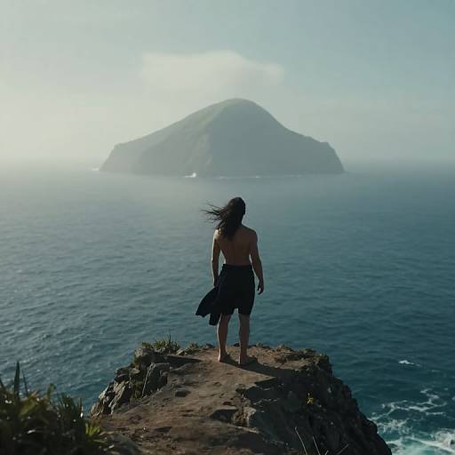 Photograph of a shirtless man with long brown hair standing on a rocky cliff, facing a distant, misty island over a blue ocean.