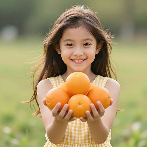 Photograph of a smiling young Asian girl with long brown hair, wearing a yellow checkered dress, holding a cluster of bright orange oranges, standing in