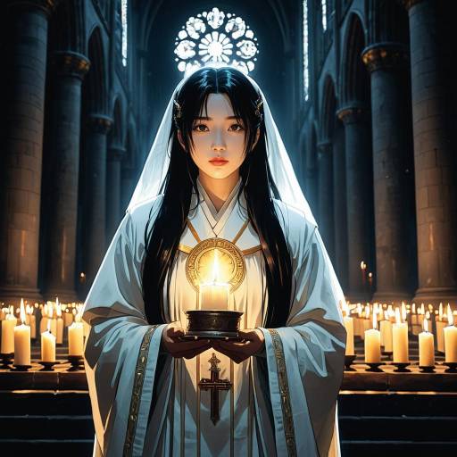 Solemn Priestess in Candlelit Cathedral