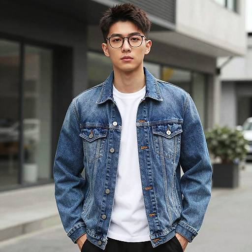 Young Man in Denim Jacket in Urban Setting
