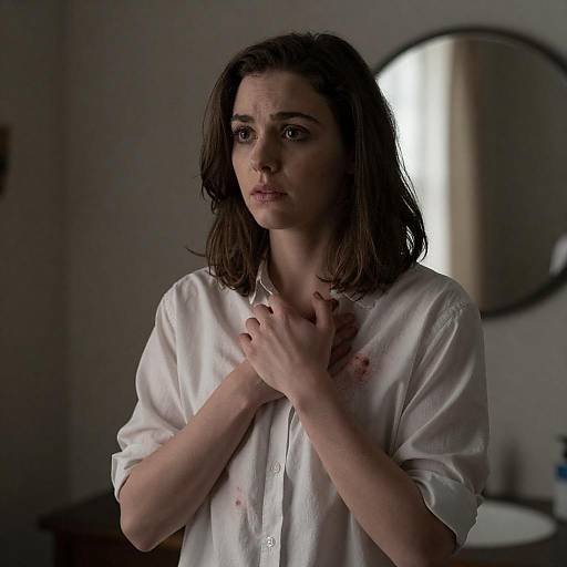 Concerned Woman in Blood-Stained White Shirt