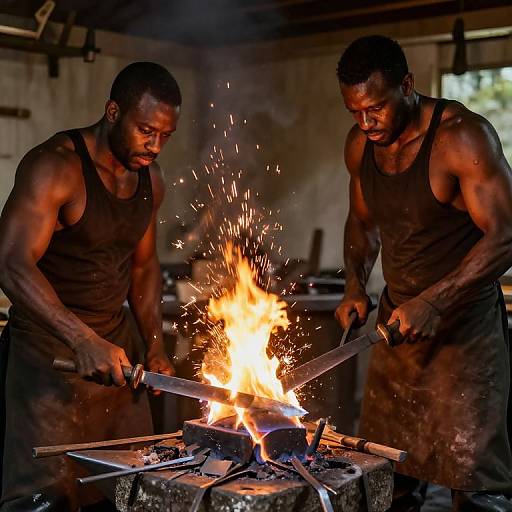 Muscular Blacksmiths Forging Blades