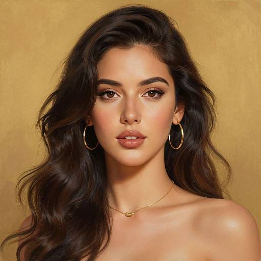 Digital portrait of a beautiful woman with long, wavy dark hair, golden-brown eyes, full lips, wearing large hoop earrings and a delicate necklace