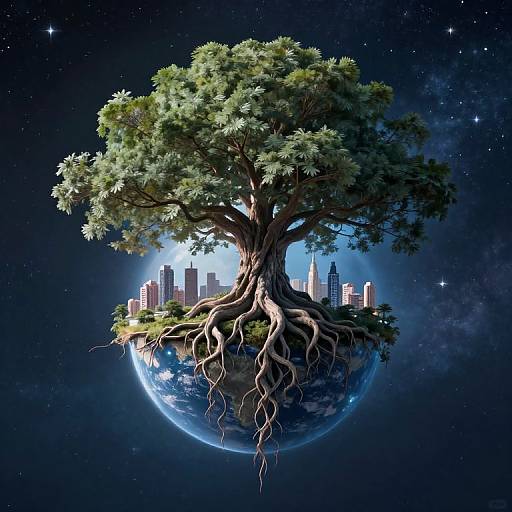 Digital artwork of a massive tree with sprawling roots, floating above a city on a spherical Earth, set in a starry night sky.