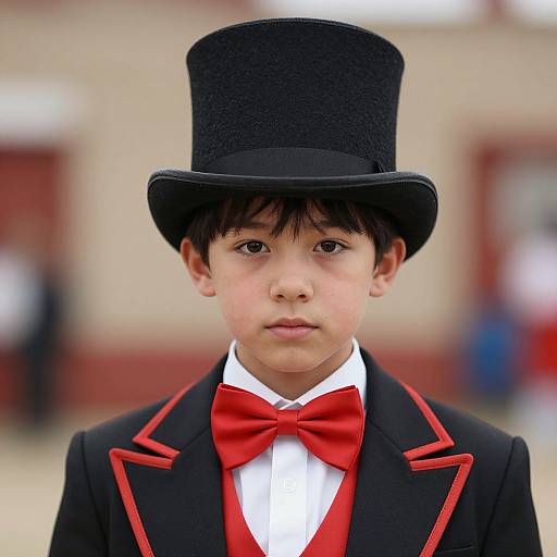 Photograph of a young boy with fair skin, brown eyes, wearing a black top hat, red bow tie, black jacket with red trim, and