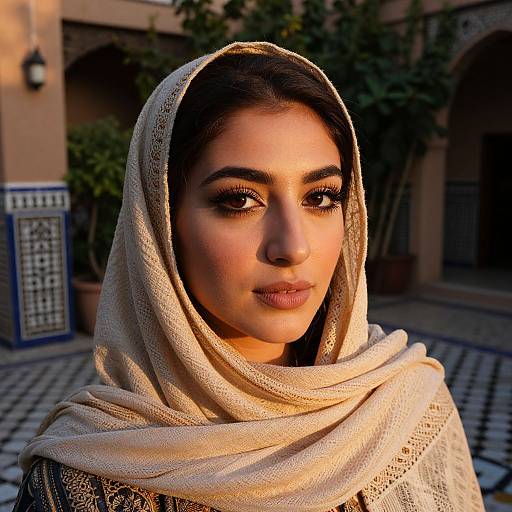 Photograph of a young South Asian woman with dark hair, wearing a cream lace hijab, soft makeup, and warm outdoor evening light. Background features