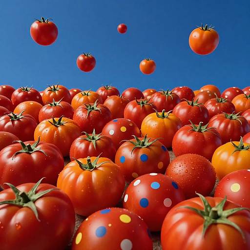 Photograph of vibrant red tomatoes with green stems, some with polka dots, floating against a clear blue sky background.