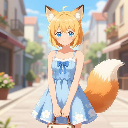 Anime-style drawing of a blonde fox girl with blue eyes, wearing a light blue floral dress and holding a small bag, standing in a sunlit,