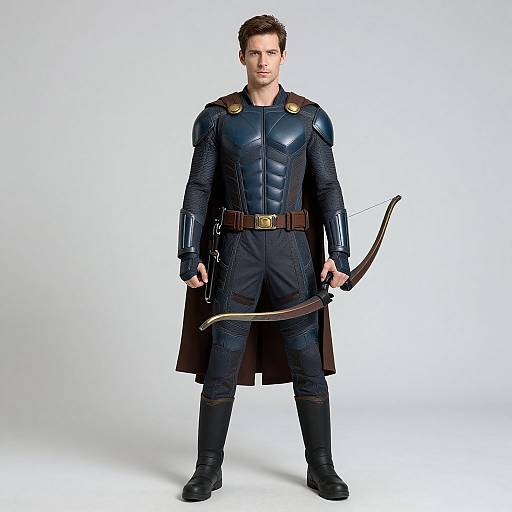 Photograph of a serious, brown-haired man in a black, armored superhero costume with a bow, standing against a plain white background.