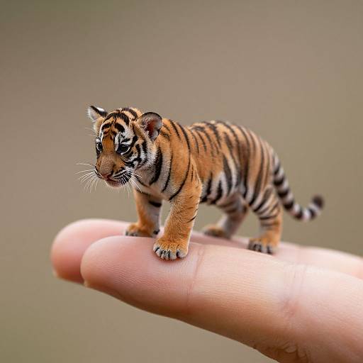 Photograph of a small, adorable tiger cub with orange and black stripes standing on a human finger against a blurred beige background.