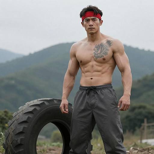 Muscular Man with Black Tire in Mountains