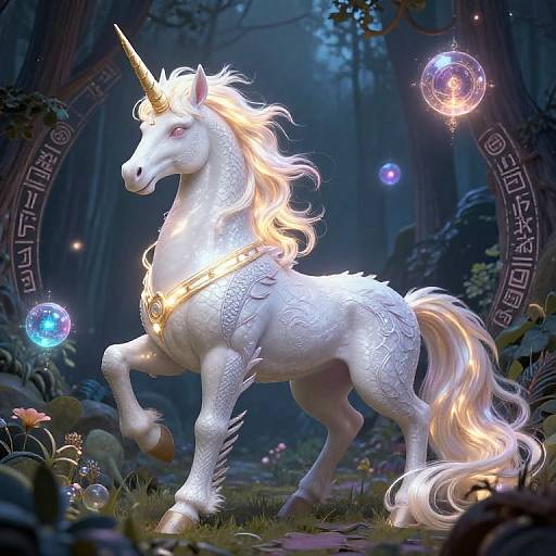 Digital art of a glowing white unicorn with golden mane and tail, adorned with intricate patterns, standing in a mystical forest with floating bubbles and ancient Greek-inspired