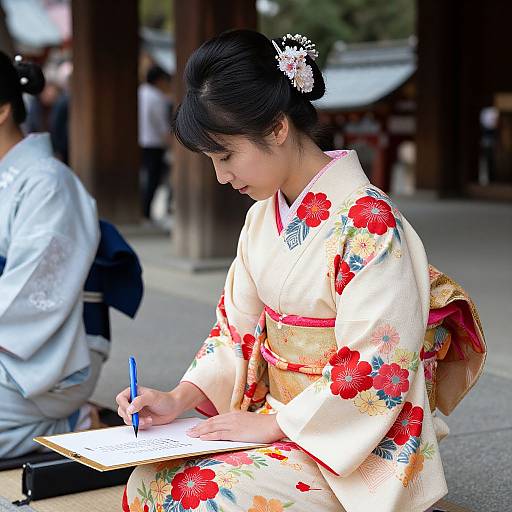 Photograph of an Asian woman in a red and white floral kimono, sitting outdoors, writing in a notebook with a blue pen.