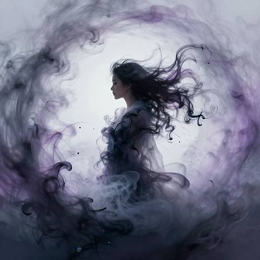 Digital art: Silhouetted woman with flowing dark hair enveloped in swirling purple and black smoke, against a bright white background.