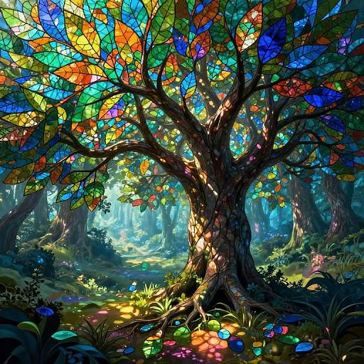 Vibrant digital painting of a colorful, stained-glass-like tree in a luminous forest, with multicolored leaves and glowing light filtering through