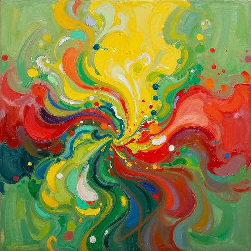Vibrant abstract painting with swirling, colorful waves in yellow, red, green, and blue, splattered with dots, set against a green background