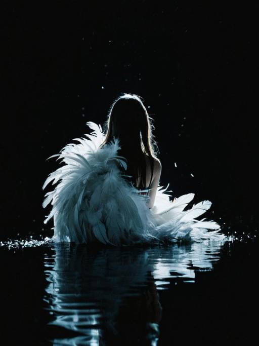 Girl with Glowing Feathers in Water at Night