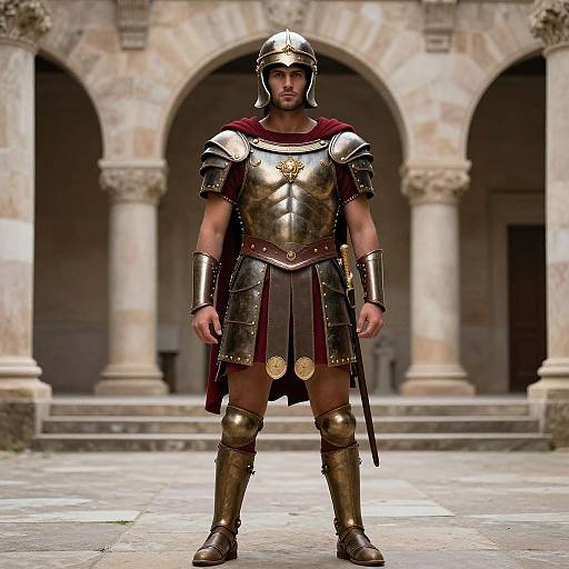 Photograph of a muscular man in Roman-style golden armor and helmet, standing in front of an ancient stone archway courtyard.