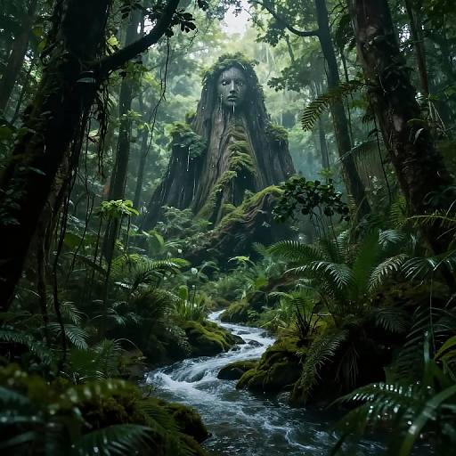 Photorealistic digital art: Enchanted forest with towering, moss-covered tree face in the background, lush ferns, and a flowing stream in