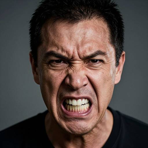 Photograph of an angry middle-aged Asian man with short black hair, furrowed brow, and clenched teeth, wearing a black shirt against a