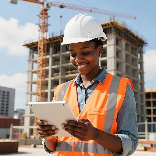 Photograph of smiling Black woman in white hard hat and orange safety vest, holding tablet, standing in front of construction site with crane.