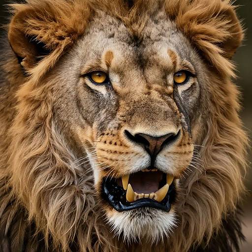 Photorealistic close-up of a fierce male lion with a dense golden-brown mane, intense yellow eyes, and bared sharp teeth, against a