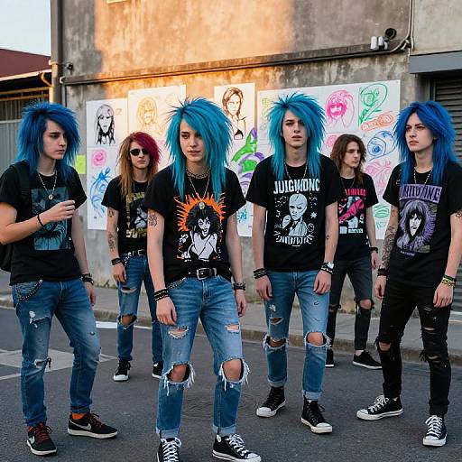 Photograph of five blue-haired, punk-styled teenagers in black T-shirts and ripped jeans, walking on a street with colorful graffiti posters in the background