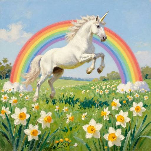 Whimsical Unicorn Over Rainbow Meadow