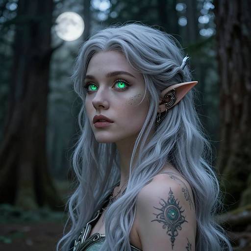 Digital artwork of a pale, ethereal elf woman with long silver hair, glowing green eyes, pointed ears, and a sun tattoo on her shoulder,