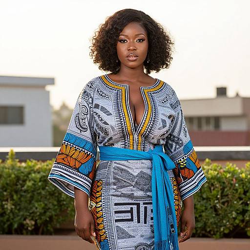Photograph of a confident Black woman with curly hair, wearing a colorful, patterned, V-neck dress with blue sash, standing outdoors.