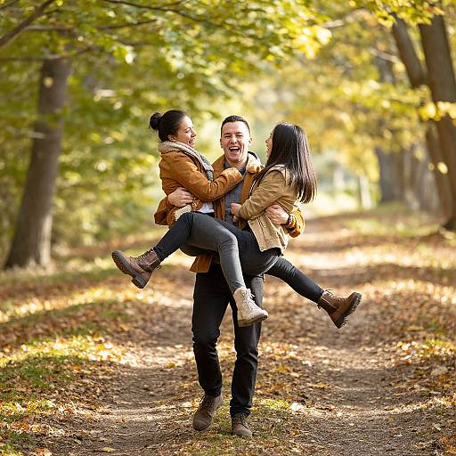 Photograph of a smiling couple in autumn forest, woman with black hair in brown jacket being carried by man in black jacket, both wearing jeans, sunlight