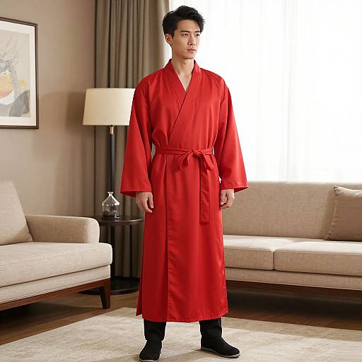 Photograph of an Asian man with short black hair, wearing a bright red silk robe, black socks, standing in a modern living room with beige sofas