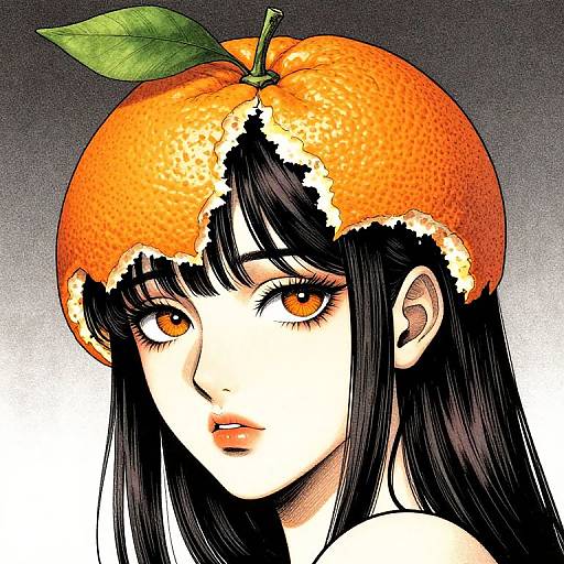 Digital drawing of a pale-skinned woman with black hair, orange eyes, and an orange with a green leaf on her head, featuring detailed textures and