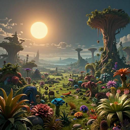 Digital fantasy landscape: Bright sun, colorful exotic flora, towering tree-like structures, diverse wildlife, lush green meadows, distant mountains, and a serene