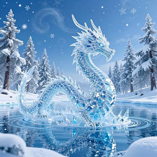 Digital artwork of a crystalline, blue dragon partially submerged in a snow-covered pond, surrounded by snow-laden pine trees under a starry, snow