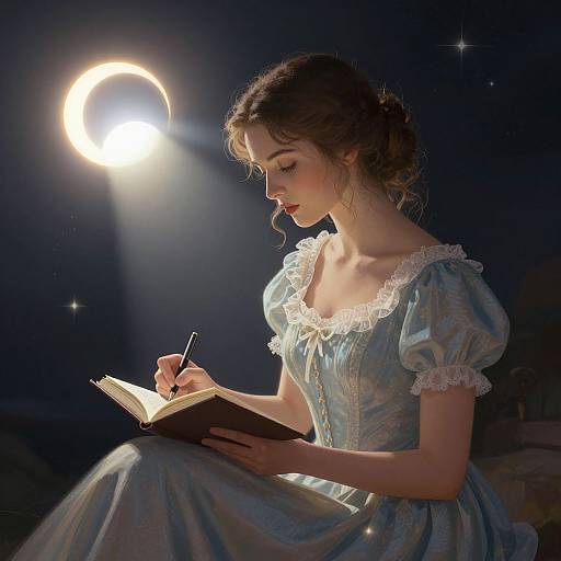 Photograph of a fair-skinned woman in a blue, lace-trimmed dress, writing in a book under a glowing moonlight.