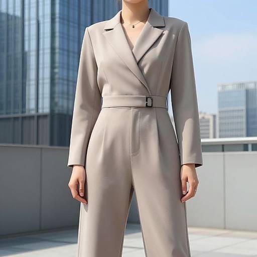 Photograph of a woman in a light beige, long-sleeved, belted jumpsuit, standing on a rooftop with urban skyscrapers in