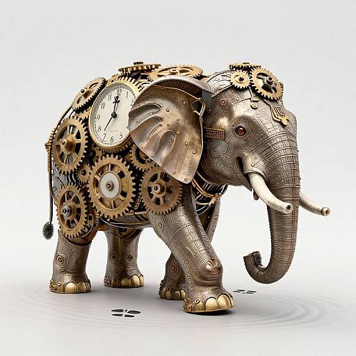 Digital illustration of a mechanical elephant with intricate gears, clock faces, and golden accents, standing on a white background.