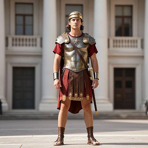 Photograph of a young man in ancient Roman soldier attire, standing in front of a classical building with tall columns. He wears a bronze helmet, silver