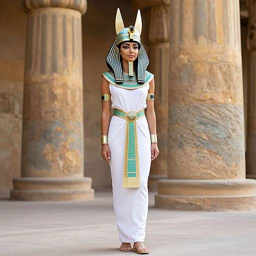 Digital artwork of an Egyptian woman in traditional attire, wearing a striped headdress, white dress, gold accessories, standing before ancient columns.
