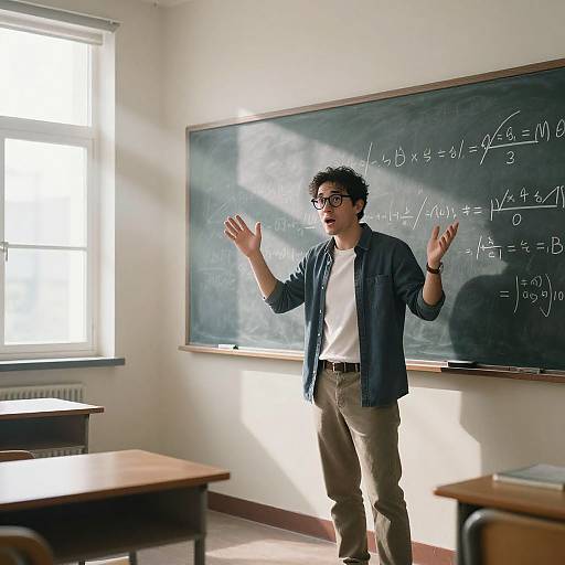 Photograph of a young Asian male professor with glasses, wearing a blue shirt, white t-shirt, and beige pants, standing in a sunlit classroom