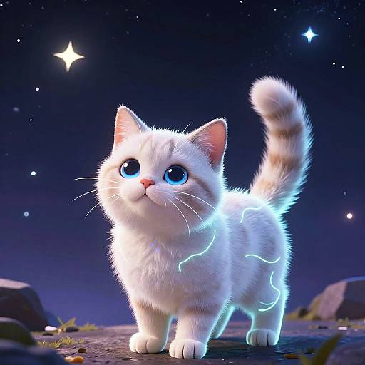 Digital artwork of a glowing, white, fluffy kitten with bright blue eyes and neon blue lightning patterns, standing on a rocky surface under a starry night