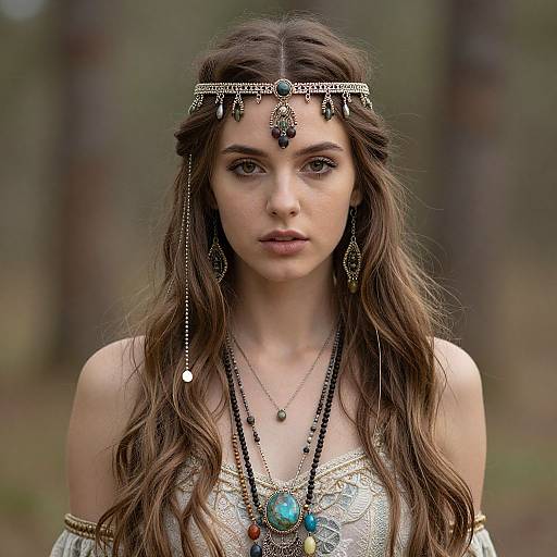 Photograph of a fair-skinned woman with long brown hair, wearing an ornate headpiece, jewelry, and an off-shoulder white lace
