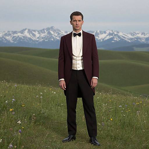 Photograph of a serious man in a black tuxedo with bow tie, standing in a grassy field with wildflowers, snowy mountains in the