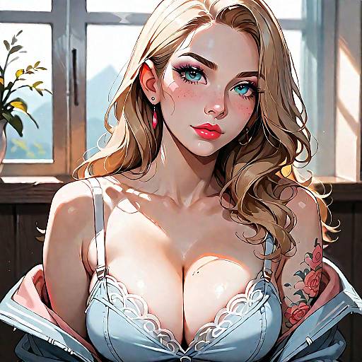 Blonde Woman in Denim Corset with Sleeve Tattoos