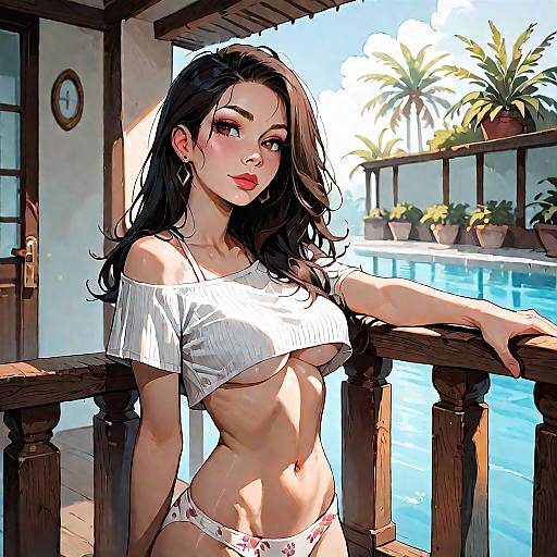 Woman Posing on Resort Balcony by Pool