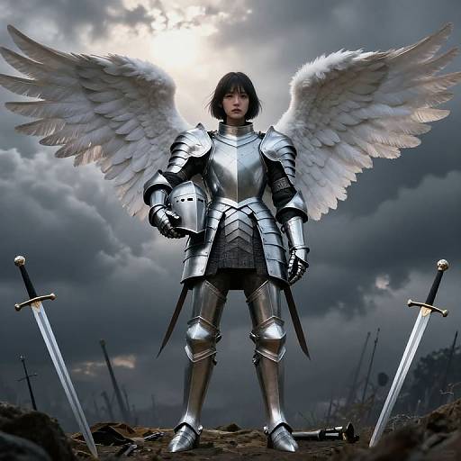 Digital artwork of a silver-armored angel warrior with white wings, standing confidently between two swords under a stormy sky.
