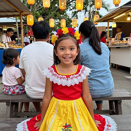 Photograph of a smiling young girl with brown hair, wearing a red and yellow lace-trimmed dress and flower crown, seated at an outdoor market