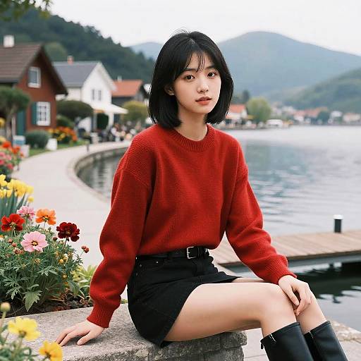 Young Woman Sitting by Lake in Red Sweater