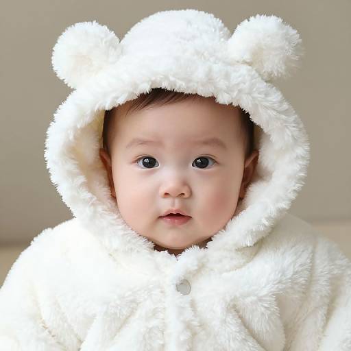 Photograph of a chubby, fair-skinned baby with blue eyes, wearing a fluffy white bear-eared hooded jacket, against a neutral background.